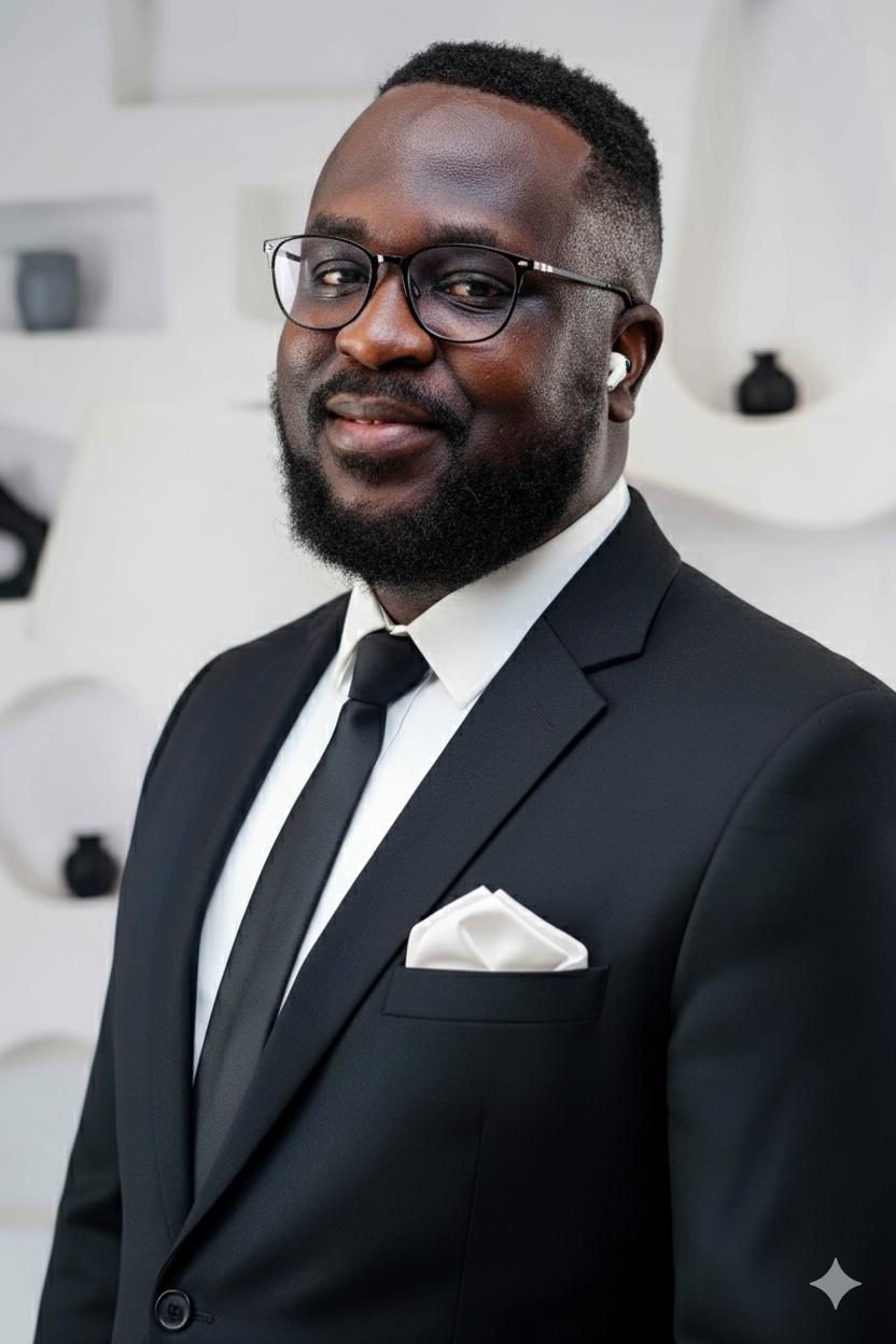 Marvellous Esevbode, trainer, in a black suit